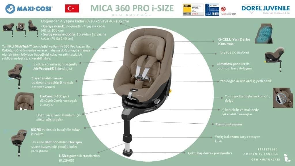 Maxi-Cosi Mica 360 Pro i-Size Dünyanın İlk Kızaklı, Araç Dışına Çıkabilen ADAC'lı İsofix'li 360 Dönebilir Yatabilir 0-18 kg Bebek Oto Koltuğu Authentic Truffle