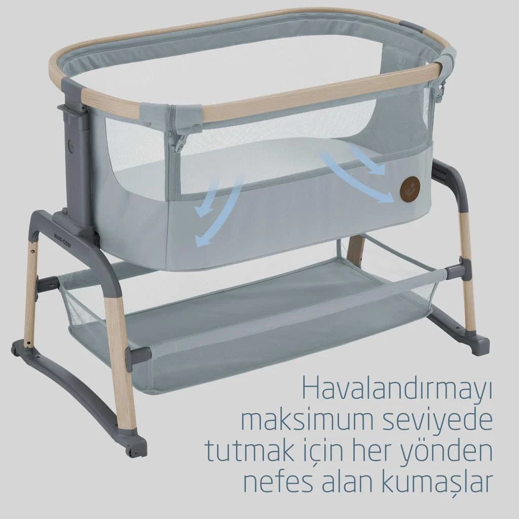 Maxi-Cosi Iora Air Sallanabilen Ahşap Görünümlü Anne Yanı Beşik Beyond Grey